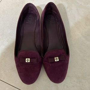 Tory Burch Suede Loafers with Bow Logo in Beautiful Plum Color
